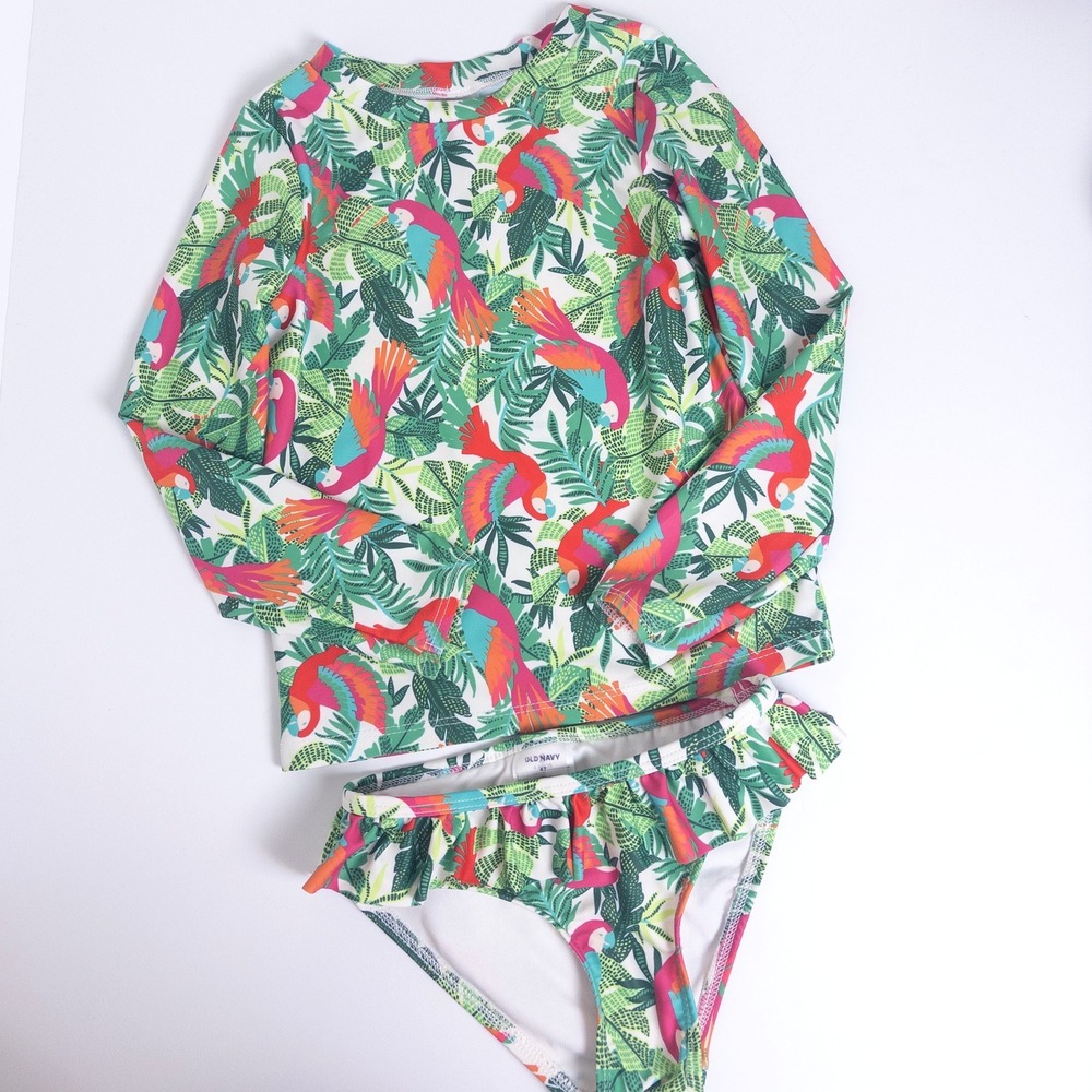 Old Navy Rash Guard Swimsuit Set Kids 4T White Tropical Parrot Long Sleeve 2pc